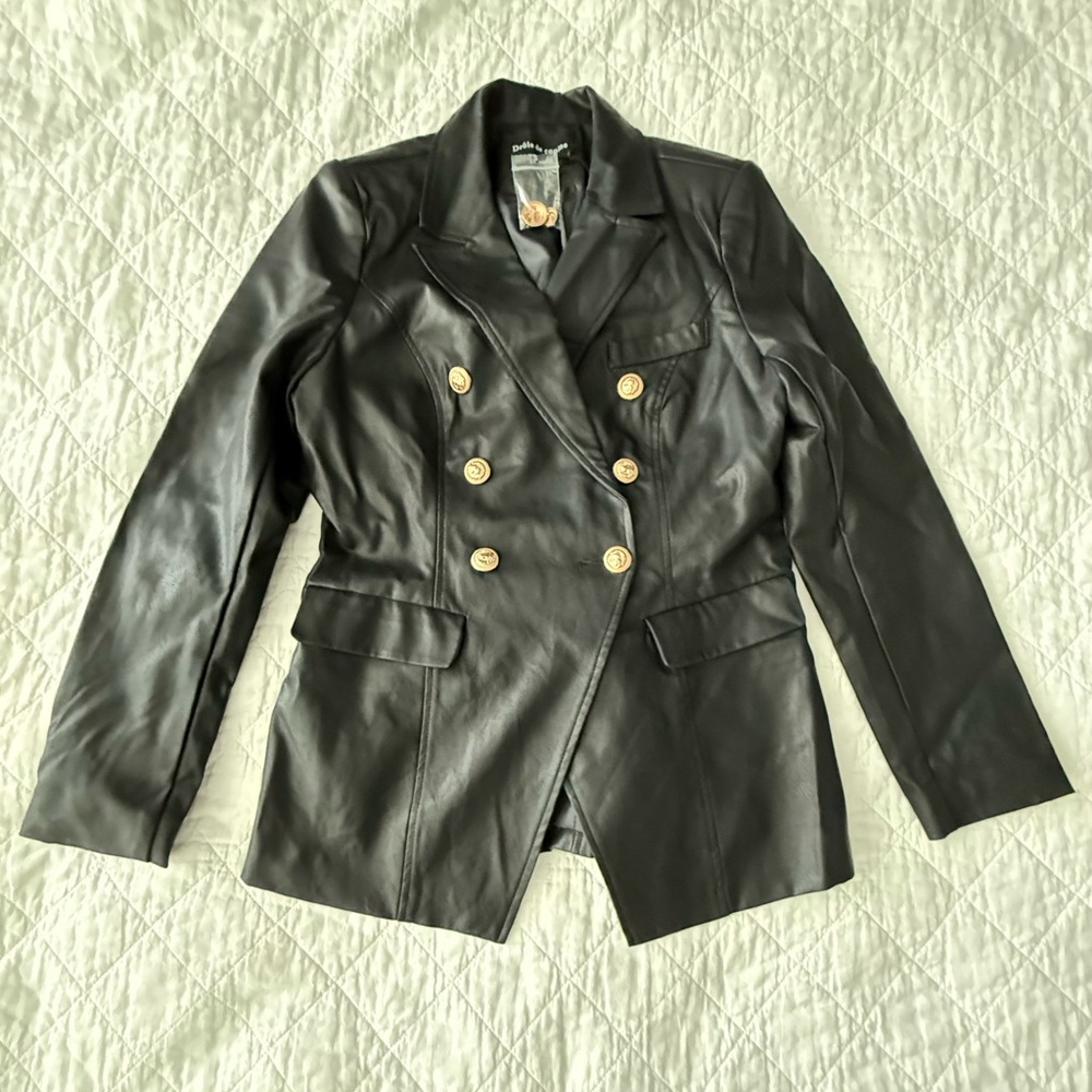 NWT Black Faux Leather Double-Breasted Women's Jacket